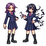  black_hair green_eyes kajiki_yumi lowres multiple_girls necktie niino pixel_art pleated_skirt purple_eyes purple_hair saki school_uniform short_hair skirt touyoko_momoko transparent_background tsuruga_school_uniform 