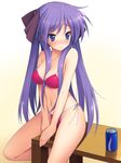  between_breasts bikini blue_eyes blush breasts can cleavage cygnus_(cygnus7) drink embarrassed face hair_ribbon hands highres hiiragi_kagami long_hair lucky_star medium_breasts navel pocari_sweat purple_hair pussy_juice revision ribbon side-tie_bikini soda_can solo swimsuit table tears tsurime twintails 