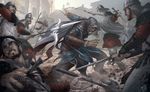  altair_ibn_la-ahad armor assassin's_creed:_revelations assassin's_creed_(series) axe battle beard blade blood cape death ezio_auditore_da_firenze facial_hair greaves halberd helmet highres hood knife multiple_boys old old_man open_mouth patrick_brown polearm spear sword tree vambraces weapon 