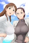  :d blush bra breasts brown_eyes brown_hair cloud day glasses grin hand_on_hip huge_breasts kamisama_dolls karahari_kuuko labcoat large_breasts lingerie multiple_girls open_mouth outdoors see-through shiba_hibino short_hair sky smile turtleneck ueyama_michirou underwear upper_body 