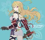  ahoge aqua_background bad_id bad_pixiv_id blonde_hair brown_hair character_name copyright_name cowboy_shot dokkoi_shouichi gloves gradient_hair green_hair highres long_hair milla_maxwell multicolored_hair red_eyes solo sword tales_of_(series) tales_of_xillia weapon xillia_symbol 