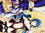  1girl arc_system_works bare_shoulders blonde_hair blue_eyes blue_hair bow breasts choker cleavage couple detached_sleeves dizzy guilty_gear guilty_gear_x guilty_gear_xx hair_bow ky_kiske lying navel red_eyes underboob 
