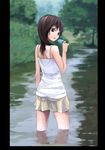  bare_shoulders brown_hair casual food highres looking_back original popsicle skirt solo tank_top tanuki91 tree water wet wet_clothes 