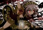  braid givuchoko glowing glowing_eyes highres izayoi_sakuya knife maid red_eyes silver_hair slit_pupils solo touhou twin_braids wrist_cuffs 