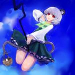 animal_ears bad_id bad_pixiv_id basket day dowsing_rod grey_hair highres maccha_cocoa_(mococo) mouse mouse_ears mouse_tail nazrin red_eyes short_hair skirt sky solo tail touhou 