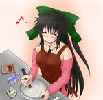  alternate_costume apron azumax blush closed_eyes contemporary cooking detached_sleeves food jewelry long_hair mixing_bowl musical_note necklace reiuji_utsuho ribbon smile solo touhou very_long_hair whisk 
