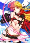  armband belt black_gloves black_legwear black_ribbon blonde_hair blush bracelet breast_squeeze breasts cape cleavage collar earrings fate_testarossa fingerless_gloves gloves hair_ribbon jewelry large_breasts long_hair lyrical_nanoha mahou_shoujo_lyrical_nanoha mikazuki_akira! mouth_hold multicolored_hair navel no_bra panties pink_hair red_eyes red_panties red_ribbon ribbon ribbon_in_mouth single_glove solo thighhighs underwear 