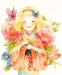  ao_no_exorcist blonde_hair bow closed_eyes flower hair_bow hairband japanese_clothes kimono momiji_(lucario) moriyama_shiemi obi open_mouth sash short_hair smile solo traditional_media watercolor_(medium) 