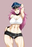  breasts choker cleavage enoshima_iki final_fight hat highres large_breasts midriff peaked_cap pink_hair poison_(final_fight) short_shorts shorts simple_background solo street_fighter thick_thighs thighs wide_hips 