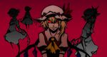  arlmuffin blonde_hair clone dark_persona flandre_scarlet foreshortening four_of_a_kind_(touhou) glowing glowing_eyes hat multiple_girls red_eyes short_hair side_ponytail simple_background smirk spell_card touhou wings 