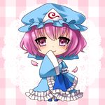  cherry_blossoms chibi covering_mouth hat japanese_clothes momojiri_aya pink_eyes pink_hair plaid plaid_background saigyouji_yuyuko smile solo touhou triangular_headpiece 