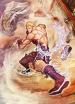  blonde_hair blue_eyes blue_footwear boots boxing_gloves cape highres male_focus muscle official_art shirtless shorts steve_fox street_fighter_x_tekken tekken 