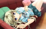  bare_legs barefoot blonde_hair blue_eyes couch dress_shirt hand_on_own_chest long_hair looking_at_viewer lying neck_ribbon on_back original pillow ribbon ryoumoto_ken shirt skirt solo striped striped_shirt 
