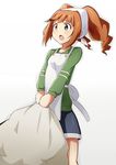  apron bandana blush brown_hair green_eyes head_scarf highres idolmaster idolmaster_(classic) long_hair long_sleeves open_mouth orange_hair rariemonn short_hair solo takatsuki_yayoi trash_bag twintails 