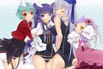  aqua_hair bow chiester410 chiester410_(cosplay) cosplay dlanor_a_knox drill_hair furudo_erika furudo_erika_(cosplay) long_hair multiple_girls pink_bow purple_eyes purple_hair red_eyes school_swimsuit short_hair showgirl_skirt silver_hair stakes_of_purgatory stakes_of_purgatory_(cosplay) swimsuit towa1 umineko_no_naku_koro_ni virgilia yellow_eyes 