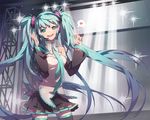  aqua_eyes aqua_hair detached_sleeves hatsune_miku headset karpin long_hair necktie open_mouth skirt solo stage thighhighs twintails very_long_hair vocaloid 