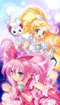  bad_id bad_pixiv_id beamed_eighth_notes blonde_hair blue_eyes bow choker cure_melody cure_rhythm eighth_note eyelashes green_eyes heart highres houjou_hibiki hummy_(suite_precure) long_hair magical_girl midriff minamino_kanade multiple_girls musical_note navel nekozawa_yukari open_mouth pink_bow pink_choker pink_hair ponytail precure smile suite_precure twintails white_choker 