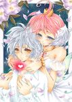  1girl ahiru alexa_pasztor bad_deviantart_id bad_id blue_eyes couple dress feathers hetero jewelry mytho petals pink_hair princess_tutu princess_tutu_(character) traditional_media white_hair yellow_eyes 