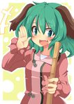  1girl :d animal_ears bamboo_broom broom dress fang green_eyes green_hair kasodani_kyouko kikiriri open_mouth shouting smile solo touhou upper_body 