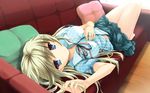  bad_id bad_pixiv_id bare_legs barefoot blonde_hair blue_eyes couch dress_shirt hand_on_own_chest long_hair looking_at_viewer lying neck_ribbon on_back original pillow ribbon ryoumoto_ken shirt skirt solo striped striped_shirt 