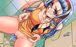  1995 1girl 4bpp 90s bathroom blue_hair bottomless breasts censored discovery_software dutch_angle game_cg glasses hairband indoors large_breasts long_hair marin_rouge no_panties peeing skirt skirt_lift solo toilet 