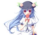  bad_id bad_pixiv_id blue_hair blush bow covering_mouth dress_shirt floating_hair flower food fruit hat highres hinanawi_tenshi holding holding_flower kabata_(mechisan) long_hair peach purple_eyes shirt short_sleeves simple_background solo touhou upper_body 