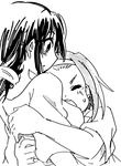  akira_(umihan) akiyama_mio greyscale hug k-on! long_hair monochrome multiple_girls ponytail short_hair tainaka_ritsu 
