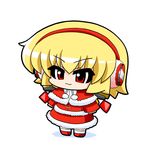  :3 alternate_costume blonde_hair capelet chibi dress earmuffs flandre_scarlet no_hat no_headwear red_capelet red_dress red_eyes santa_costume solo touhou v-shaped_eyebrows wings yamato_damashi 