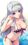  adjusting_hair bikini bikini_pull blush breasts cleavage cygnus_(cygnus7) front-tie_top hairband highres idolmaster idolmaster_(classic) large_breasts light_smile long_hair md5_mismatch nail_polish navel polka_dot pulled_by_self purple_eyes revision shijou_takane side-tie_bikini silver_hair solo swimsuit tan tanline wading water 