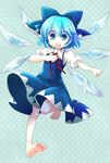  barefoot blue_eyes blue_hair bow checkered checkered_background child cirno dress full_body hair_bow highres neck_ribbon open_mouth ribbon short_hair socha solo touhou wings 