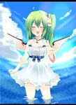  ^_^ bad_id bad_pixiv_id blue_sky blush closed_eyes cloud daiyousei day fujishiro_emyu green_hair hair_ornament hair_ribbon hairpin jewelry necklace open_mouth outstretched_hand pendant ribbon side_ponytail skirt sky smile solo strap_slip touhou wading water white_skirt wings 