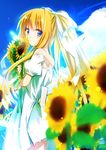  air bare_shoulders blonde_hair blue_eyes blurry depth_of_field dress flower gochou_(atemonai_heya) kamio_misuzu kawakami_tomoko long_hair looking_back ponytail smile solo sundress sunflower 