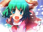  animal_ears bent_over blue_eyes dress emphasis_lines fang green_hair ikamagu kasodani_kyouko looking_at_viewer open_mouth shouting solo touhou 