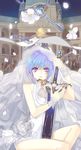  1girl bad_id bad_pixiv_id between_thighs blonde_hair blue_hair blurry cape depth_of_field dress enk flower from_behind halberd highres key original petals polearm purple_eyes ribbon scabbard sheath short_hair sitting sleeveless sleeveless_dress sword veil weapon wedding_dress wrist_cuffs 