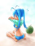  barefoot bikini blue_eyes blue_hair feet food fruit imaichi_moenai_ko kobe_shinbun long_hair nail_polish shirt solo swimsuit toenail_polish toenails twintails undressing watermelon yagi_gojou 