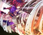  action bad_id bad_pixiv_id foreshortening grin hair_bobbles hair_ornament hands onozuka_komachi outstretched_arms red_eyes red_hair short_hair smile solo speed_lines spread_arms tokoroten_(hmmuk) touhou two_side_up wind 