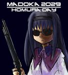  akemi_homura cyber_(cyber_knight) gun headband long_hair mahou_shoujo_madoka_magica parody simple_background solo sunglasses terminator terminator_2:_judgement_day weapon 