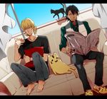  animal_slippers bad_id bad_pixiv_id barefoot barnaby_brooks_jr black_cat blonde_hair blue_eyes brown_eyes brown_hair cabbie_hat cat couch eating facial_hair food glasses hat kaburagi_t_kotetsu letterboxed male_focus multiple_boys necktie newspaper ryabu shirt slippers stubble stuffed_animal stuffed_tiger stuffed_toy t-shirt tiger_&amp;_bunny tiger_slippers toast vest window 