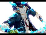  aiming_at_viewer ao_no_exorcist bad_id bad_pixiv_id black_hair black_jacket blazer blue_eyes blue_fire blue_hair collared_shirt dress_shirt fang fire flaming_sword holding holding_sword holding_weapon jacket letterboxed long_sleeves looking_at_viewer male_focus necktie okumura_rin outstretched_arms pointy_ears scabbard school_uniform sheath shirt simple_background solo striped striped_neckwear sword unsheathed upper_body weapon white_background white_shirt wide-eyed wooooow 