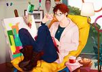  alternate_costume arm_up axis_powers_hetalia basket bespectacled book boots brown_hair canvas_(object) chair churro cross cross-laced_footwear cup easel food glasses green_eyes jacket jewelry lamp male_focus napkin necklace open_book painting_(object) pants pillow reading sitting solo spain_(hetalia) ueda_(atsu) window 