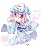  blue_dress blush chibi closed_fan dress fan folding_fan ghost hat hitodama long_sleeves pink_hair purple_eyes saigyouji_yuyuko sandals short_hair smile socks solo t-ray touhou white_legwear 