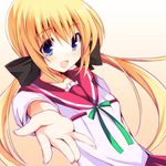  beckoning blonde_hair blue_eyes blush borrowed_character bow chiri_(atlanta) gradient gradient_background hair_bow hands kuu_(agekichi) long_hair open_mouth original outstretched_arm outstretched_hand school_uniform smile solo twintails 