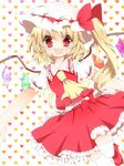  ascot bad_id bad_pixiv_id blonde_hair blush flandre_scarlet happy hat highres open_mouth red_eyes saibi shoes short_hair side_ponytail skirt smile solo thighhighs touhou white_legwear wings 