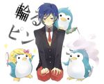  bad_id bad_pixiv_id bandaid bird blazer blue_eyes blue_hair fish jacket male_focus mawaru_penguindrum necktie nobunaga9 penguin penguin_1-gou penguin_2-gou penguin_3-gou school_uniform seiza sitting spray takakura_shouma wig 