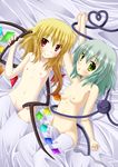  2girls aminosan blonde_hair female flandre_scarlet flat_chest green_eyes green_hair hand_holding komeiji_koishi multiple_girls nude red_eyes touhou wings yuri 