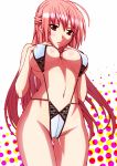  1girl breasts erect_nipples graphite_(medium) large_breasts long_hair millipen_(medium) navel original pink_hair polka_dot polka_dot_background red_eyes slingshot_swimsuit solo swimsuit takamura_wamu traditional_media very_long_hair 