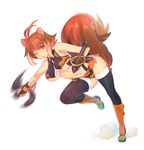  animal_ears bad_deviantart_id bad_id blazblue breasts brown_eyes brown_hair gloves large_breasts makoto_nanaya naso4 one_eye_closed orange_skirt revealing_clothes skirt smile solo squirrel_ears squirrel_tail tail thighhighs tonfa underboob weapon 