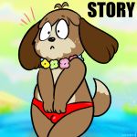  animal_crossing anthro bulge clothed clothing digby_(animal_crossing) english_text flower lei male nintendo nishi plant red_bottomwear red_swimwear solo speedo story story_in_description swimsuit text topless video_games 