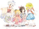  backpack bag black_hair blonde_hair bow child chitose_ame frown geta gogo/tad green_hair hair_bow hakurei_reimu hifu izayoi_sakuya japanese_clothes kimono kirisame_marisa kochiya_sanae mary_janes multiple_girls open_mouth pointing randoseru sandals shoes short_hair tears touhou traditional_media watercolor_(medium) white_hair younger 