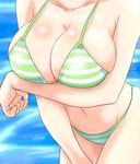  bikini breast_hold breasts copyright_request head_out_of_frame large_breasts sideboob skindentation solo strap_gap striped striped_bikini sumeshi swimsuit 